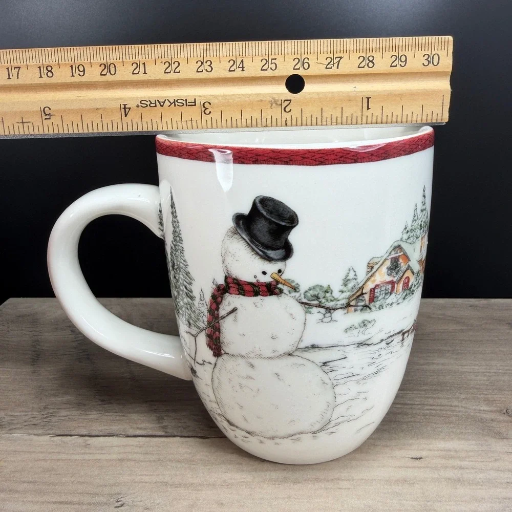 Williams Sonoma Snowman Christmas Coffee Mug Cup Winter Village Scene‎ 13OZ